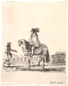 Horseman in center facing left speaking to a man on foot, infantry troops in a line in the background, from 'Various cavalry exercises' (Diverses exercices de cavalerie) MET DP833142