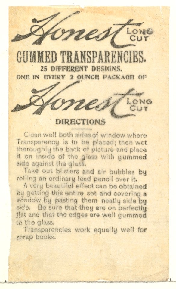 Instruction insert from the Transparencies series (N137) issued by W. Duke, Sons & Co. to promote Honest Long Cut Tobacco MET DP865669
