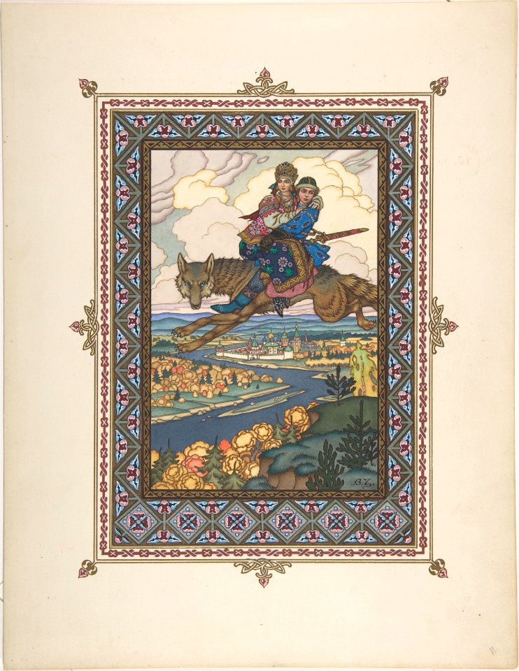 Illustration for "L'oiseau de Fue" -Tsarevich Ivan with Tsarevna Elena the Fair on the Grey Wolf- MET DP804782