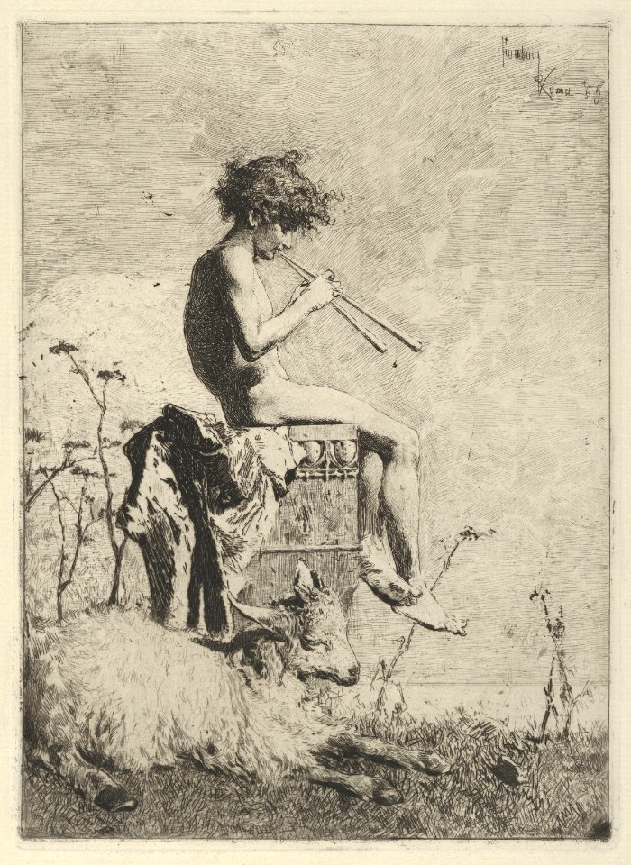 Idyll- a naked youth seated outdoors on a plinth playing a double flute, a goat on the ground before him MET DP854197