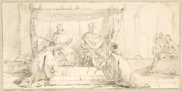 Illustration for a Book- Two Monks Kneeling before a Doge and an Emperor (Doge Ziani and Emperor Barbarossa?) MET DP812552
