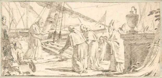 Illustration for a Book- Bishops and Monks Being Received at a Ship by a Venerable Dignitary MET DP812569