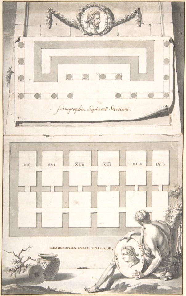 Ichnographia (or groundplan) of the Arch of Septimius Severus (above) and the Curia Hostilia (below) MET DP800338