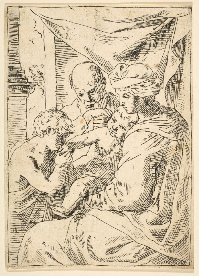 Holy Family with Saint John the Baptist kissing the infant Christ's hand, copy in reverse after Cantarini MET DP815112