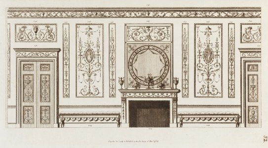 Interior design of wall with door, fireplace, panels and benches (in "Designs for Various Ornaments," pl. 52) MET DP104572