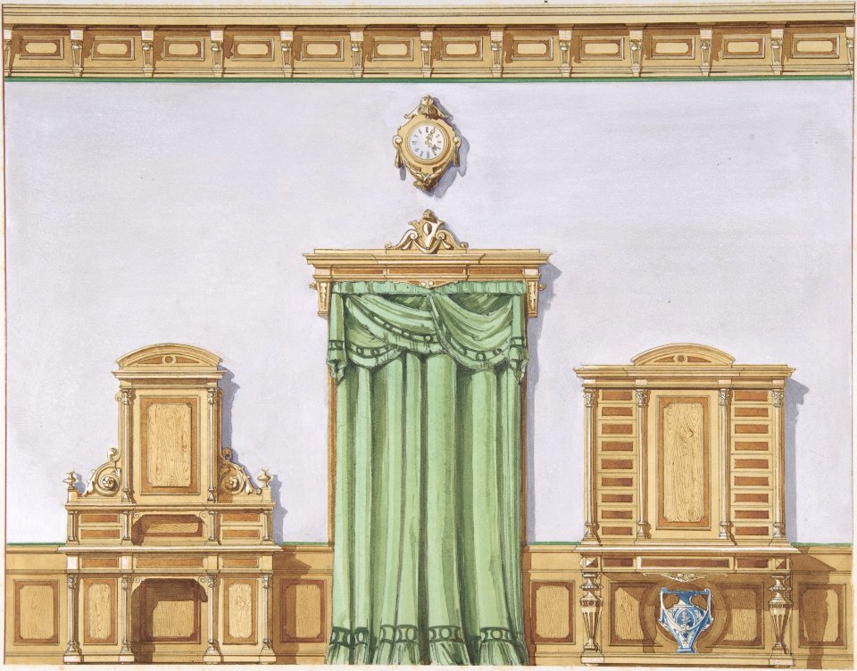 Interior Design with a Central Door Covered by Green Drapery and Two Cabinets MET DP806650