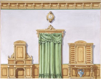 Interior Design with a Central Door Covered by Green Drapery and Two Cabinets MET DP806650
