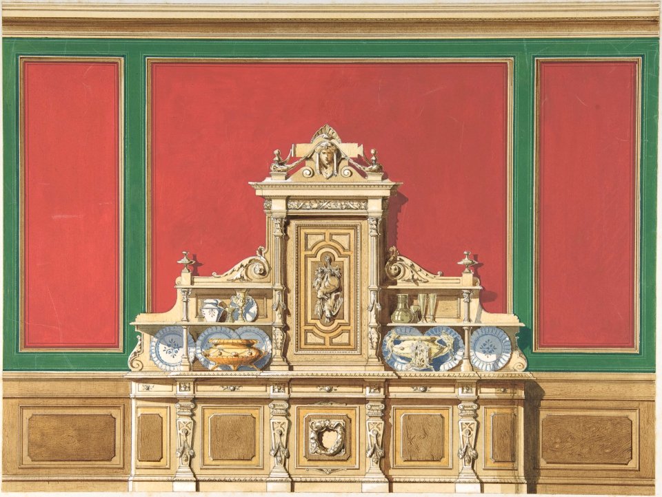 Interior Design for Large Display Cabinet against Red and Green Panelling MET DP806658