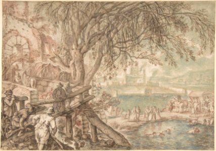 Huntsmen and Company Observing Dogs Retrieving Ducks in a Pond (The Month of April) MET DP801477