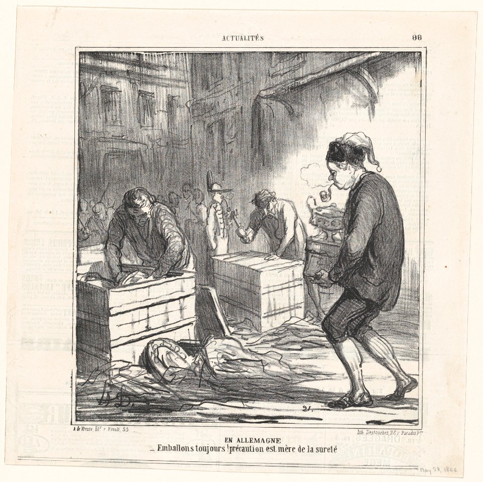 In Germany- Let's pack up everything, caution is the mother of wit, from 'News of the day,' published in Le Charivari, May 28, 1866 MET DP877515