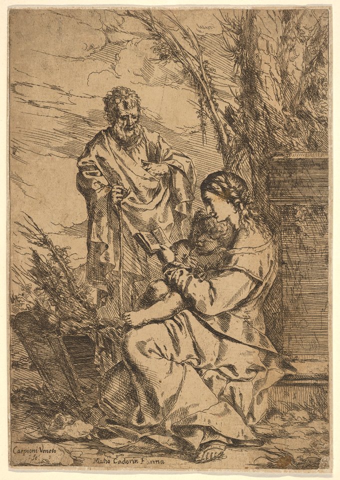 Holy Family with the Virgin reading, the Virgin sits in profile with a book in her left hand and the Child facing the viewer, Joseph stands behind them with a staff in his right hand MET DP832197