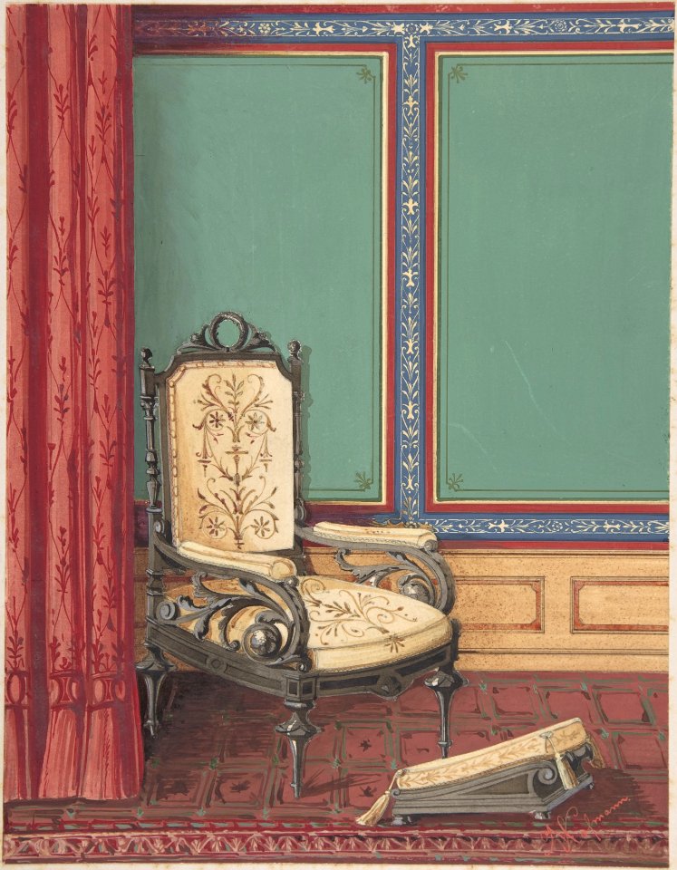 Interior Design with a Cream and Gray Chair, Red Curtain and Rug and Green, Blue and Red Panelled Wall MET DP806645