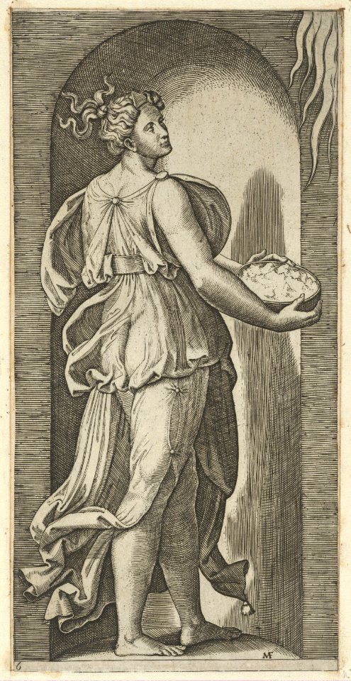 Hope personified as a woman standing in a niche facing right, holding a container of unleavened bread in both hands, from 'The Virtues' MET DP854381