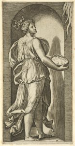 Hope personified as a woman standing in a niche facing right, holding a container of unleavened bread in both hands, from 'The Virtues' MET DP854381. Free illustration for personal and commercial use.