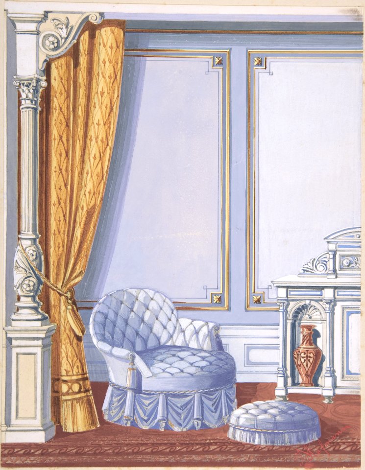 Interior Design for a Gray Curtained Alcove, with an Uphostered Armchair, Ottoman and Cabinet MET DP806646