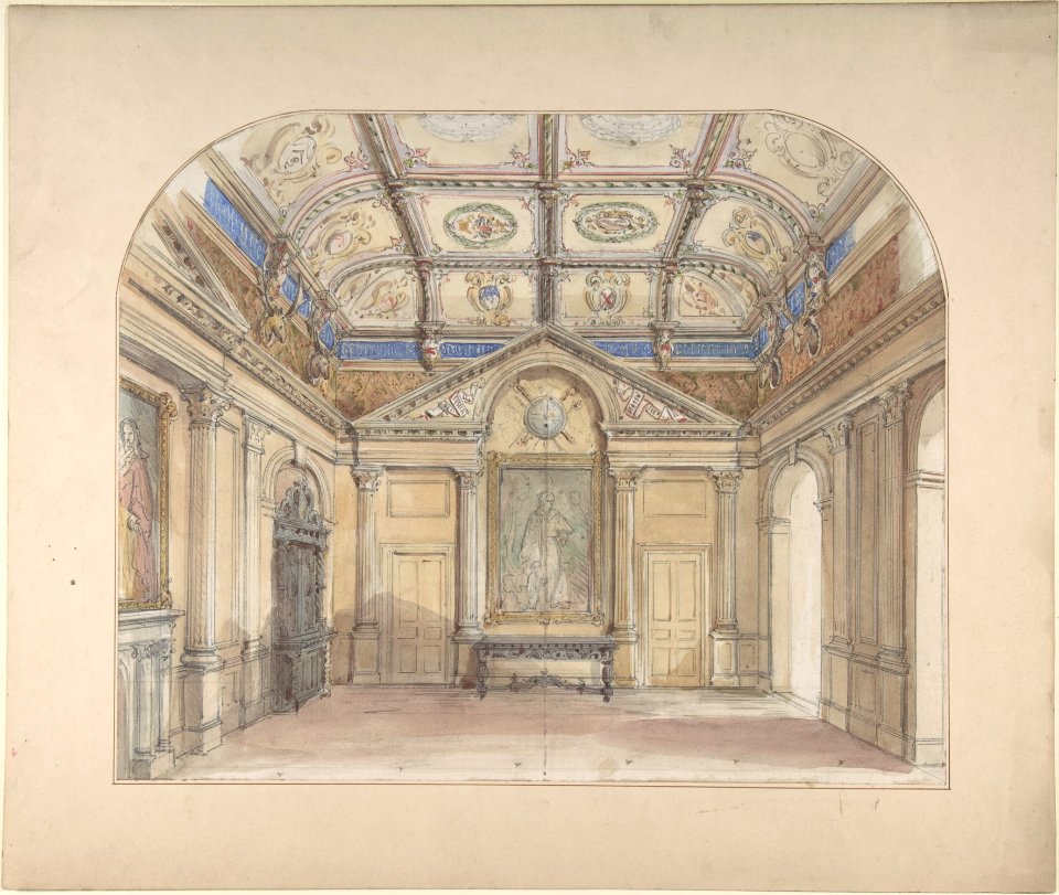 Interior with coffered ceiling and Corinthian order applied to walls MET DP805626