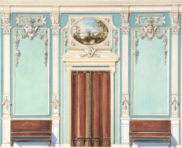 Interior Design with a Central Door with Brown Curtains Flanked by Benches, against an Aquamarine Wall, with an Overdoor Painting MET DP806655