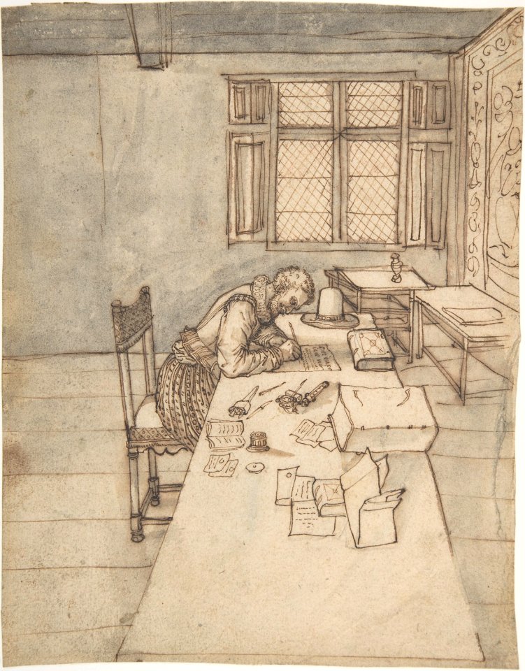 Interior with a Man Writing on a Long Table MET DP808490