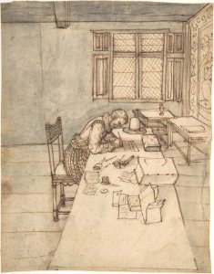 Interior with a Man Writing on a Long Table MET DP808490