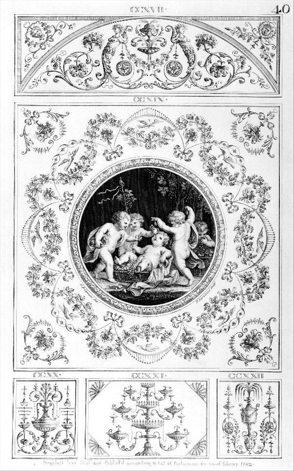 Interior design of wall with door, fireplace, panels and benches (in "Designs for Various Ornaments," pl. 52) MET MM26770