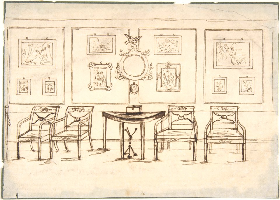 Interior with Four Armchairs, a Round Mirror, Demilune Table and Framed Prints or Drawings MET DP806375