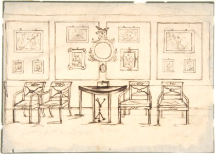 Interior with Four Armchairs, a Round Mirror, Demilune Table and Framed Prints or Drawings MET DP806375