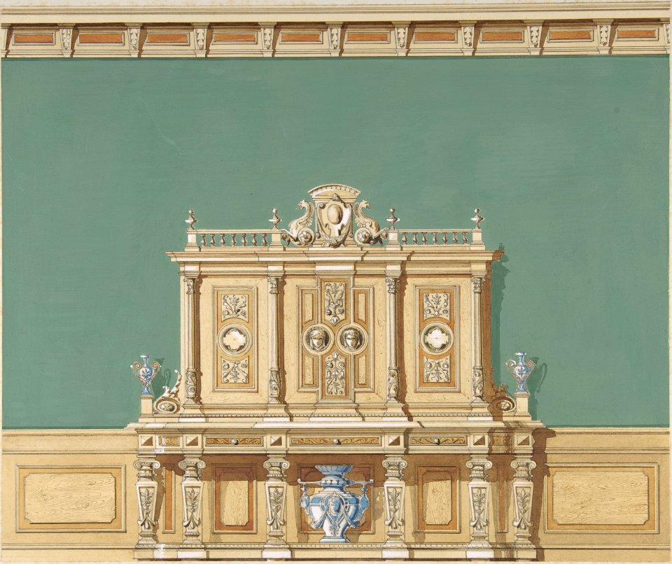 Interior Design with a Large Renaissance Style Cabinet against a Green Wall MET DP806649