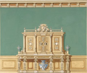 Interior Design with a Large Renaissance Style Cabinet against a Green Wall MET DP806649