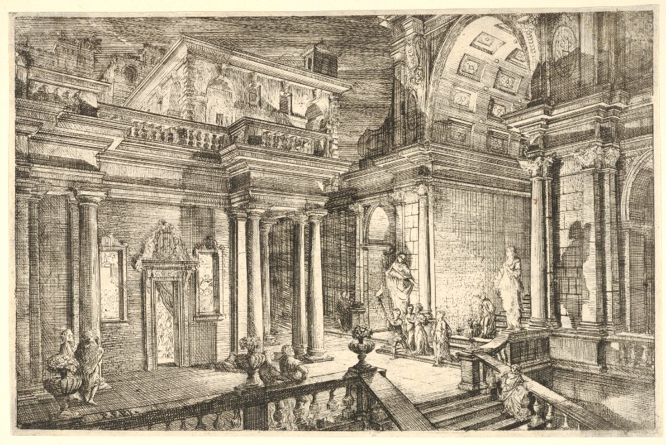 Interior of a Classical Building Showing People Engaged in Conversation MET DP832639