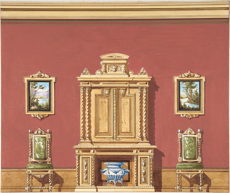 Interior Design with a Central Cabinet, Two Chairs and Two Landscape Paintings against a Red Wall MET DP806651
