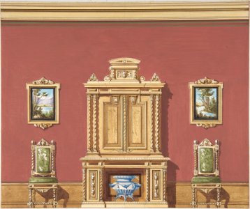 Interior Design with a Central Cabinet, Two Chairs and Two Landscape Paintings against a Red Wall MET DP806651