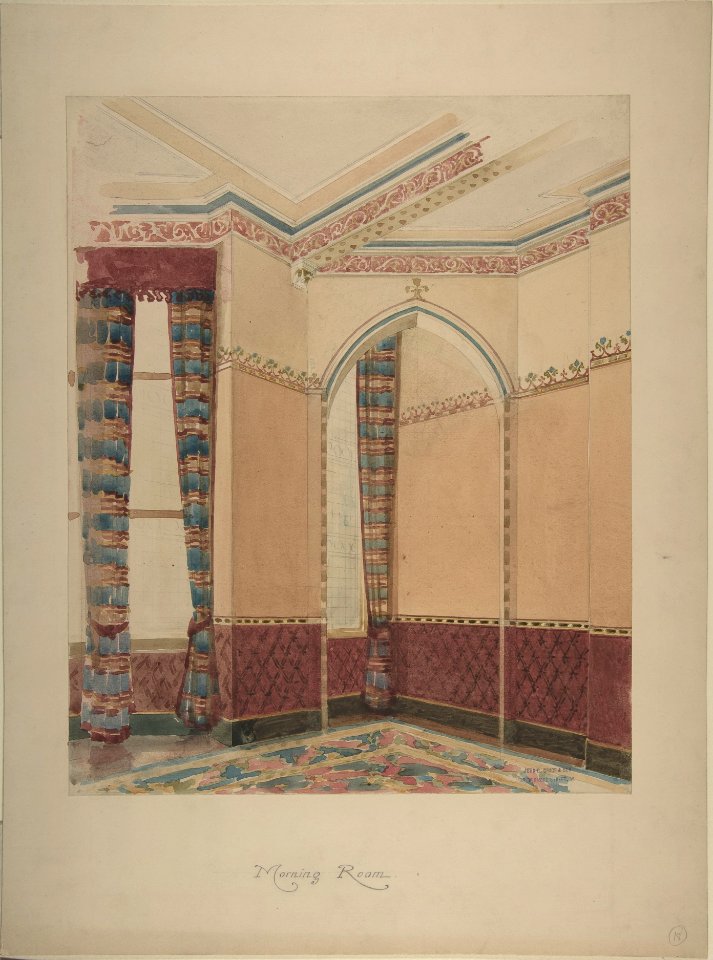 Interior of a Morning Room with Wainscoting, Striped Curtains, and Painted Walls MET DP801063