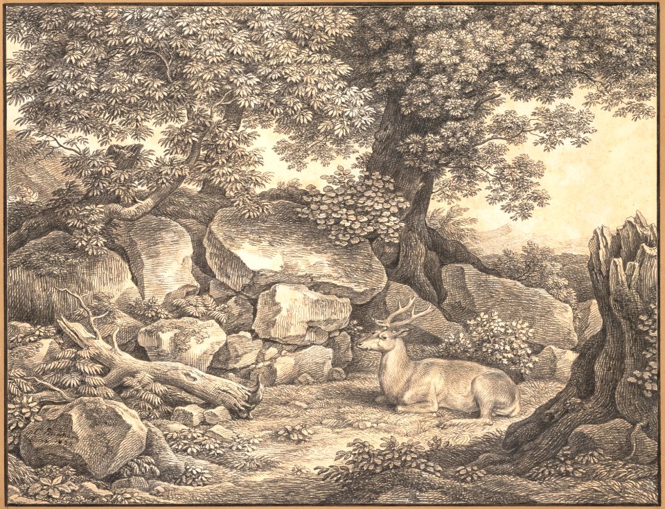 Italian Landscape with Trees, Rocks and a Resting Deer MET DP148311