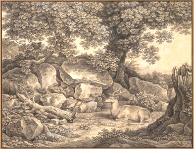 Italian Landscape with Trees, Rocks and a Resting Deer MET DP148311