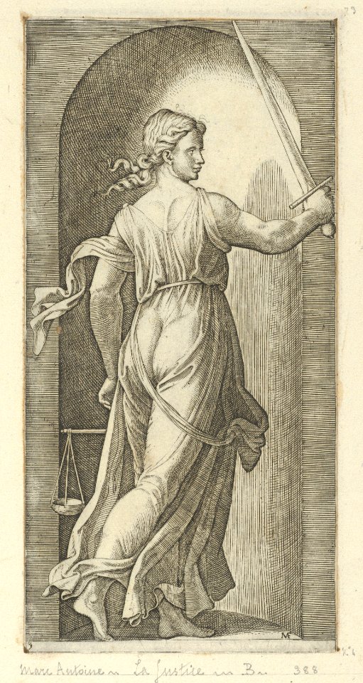 Justice personified by a young woman holding a sword in her raised right hand, scales in her left, from 'The Virtues' MET DP854366