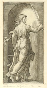 Justice personified by a young woman holding a sword in her raised right hand, scales in her left, from 'The Virtues' MET DP854366