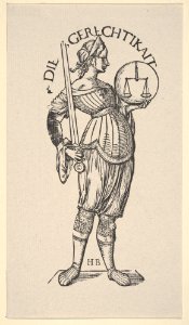 Justice (Die Gerechtikait), from The Seven Virtues, in Holzschnitte alter Meister gedruckt von den Originalstöcken der Sammlung Derschau im besitz des Staatlichen Kupferstich-kabinetts zu Berlin MET DP834017. Free illustration for personal and commercial use.