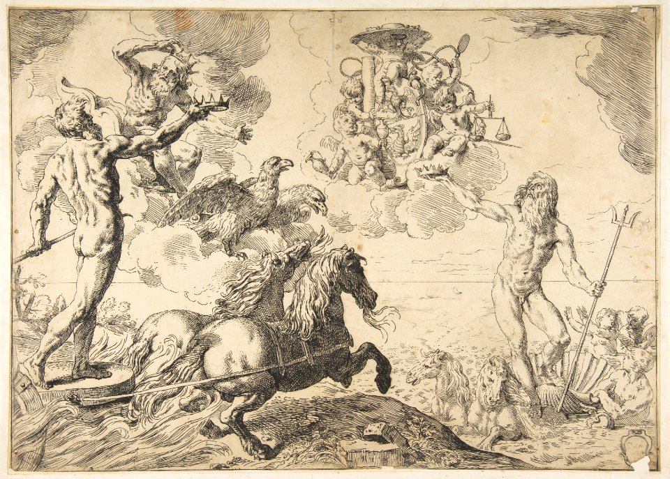 Jupiter, Neptune, and Pluto offering their crowns to the arms of Cardinal Borghese MET DP815212