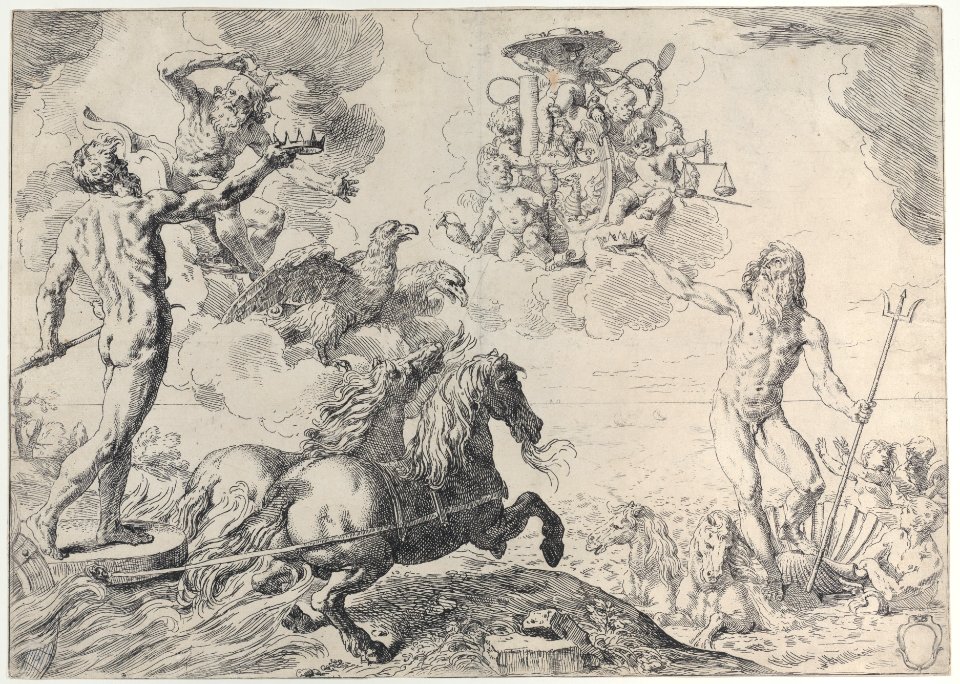 Jupiter, Neptune, and Pluto offering their crowns to the arms of Cardinal Borghese Met DP885830