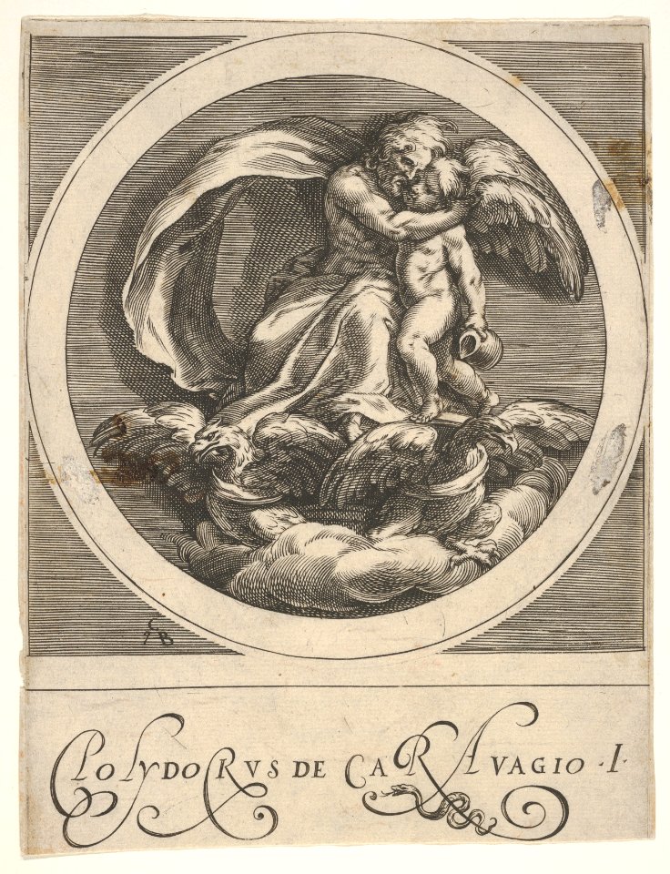 Jupiter, seated above two eagles and embracing Cupid, a round composition from a series of mythological scenes after Polidoro da Caravaggio MET DP832089