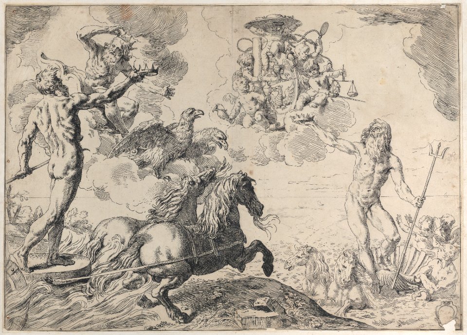 Jupiter, Neptune, and Pluto offering their crowns to the arms of Cardinal Borghese Met DP885829