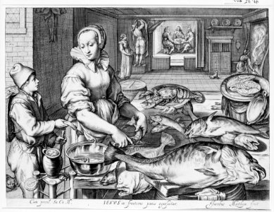 Kitchen Scene with Kitchen Maid Preparing Fish, Christ at Emmaus in the Background, from Kitchen and Market Scenes with Biblical Scenes in the Background MET MM62248