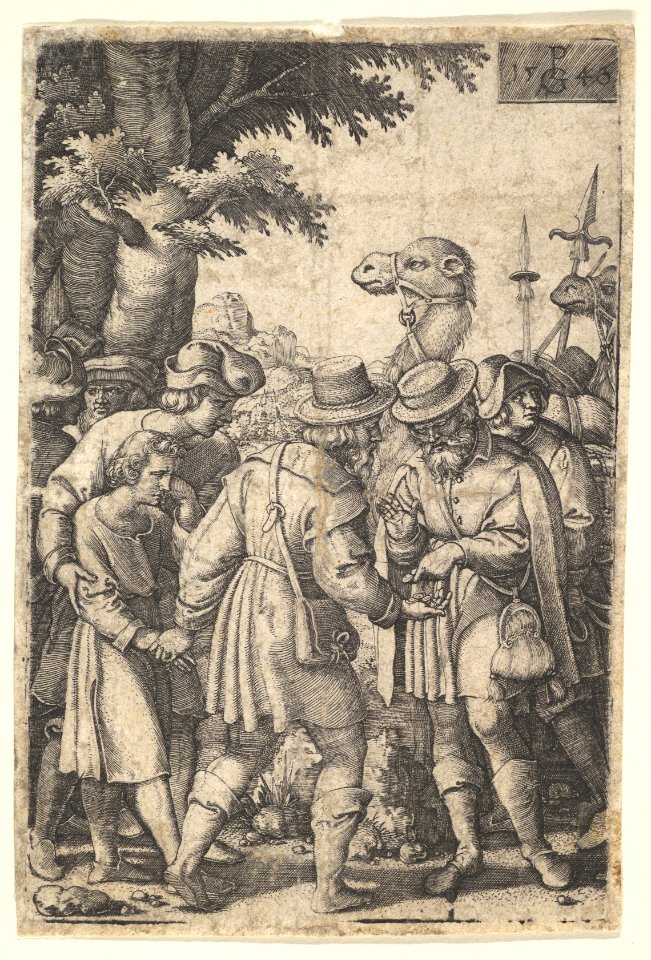 Joseph sold to the merchants- a bearded man grasping Joseph with his left hand receives coins in his right hand, from the series 'The Story of Joseph' MET DP828516