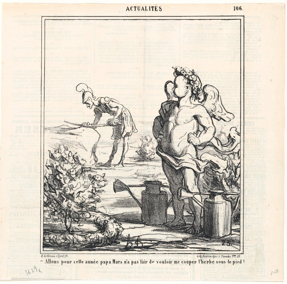 It almost looks as if this year Papa Mars will not be cutting the grass under my feet, from 'News of the day,' published in Le Charivari, March 19, 1868 MET DP877709