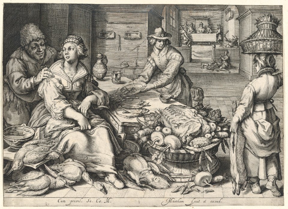 Kitchen Scene with a Maid Drawing Poultry, the Parable of the Rich Man and the Poor Lazarus, from Kitchen and Market Scenes with Biblical Scenes in the Background MET DP864813