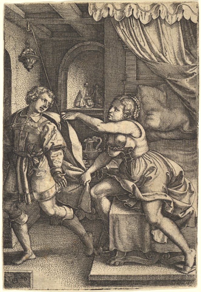 Joseph strides away from Potiphar's wife, who clutches his cloak with both hands as she straddles the corner of a bed, from the series 'The Story of Joseph' MET DP828518