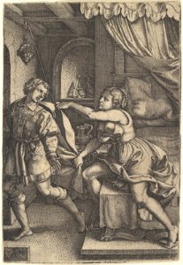Joseph strides away from Potiphar's wife, who clutches his cloak with both hands as she straddles the corner of a bed, from the series 'The Story of Joseph' MET DP828518