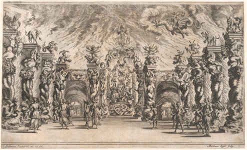 Kingdom of Pluto; a view of the underworld with Pluto and Proserpina enthroned at center, surrounded by demons; set design from 'Il Pomo D'Oro' MET DP874829