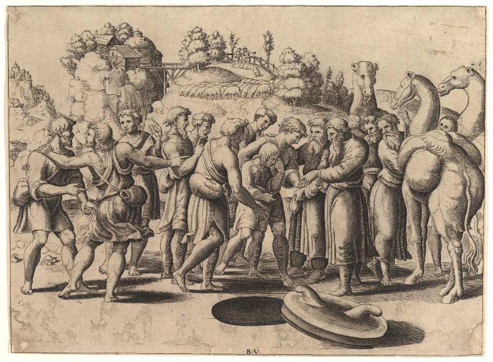 Joseph in the centre being sold by his brothers standing above a well, camels at the right MET DP824461
