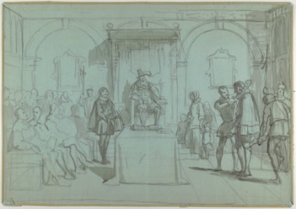 King Christian IV of Denmark Judging Christoffer Rosenkrantz; verso- Don Quixote and Others Attending Master Peter's Puppet Show MET DP838174